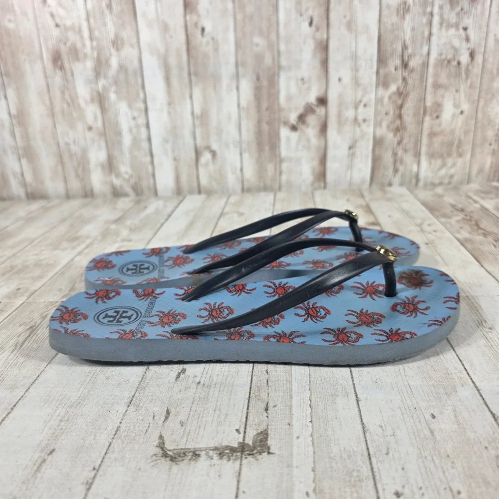 Tory Burch Womens‎ Crab Print Flip Flop Sandals Blue Red Gold Logo Thong Shoes
